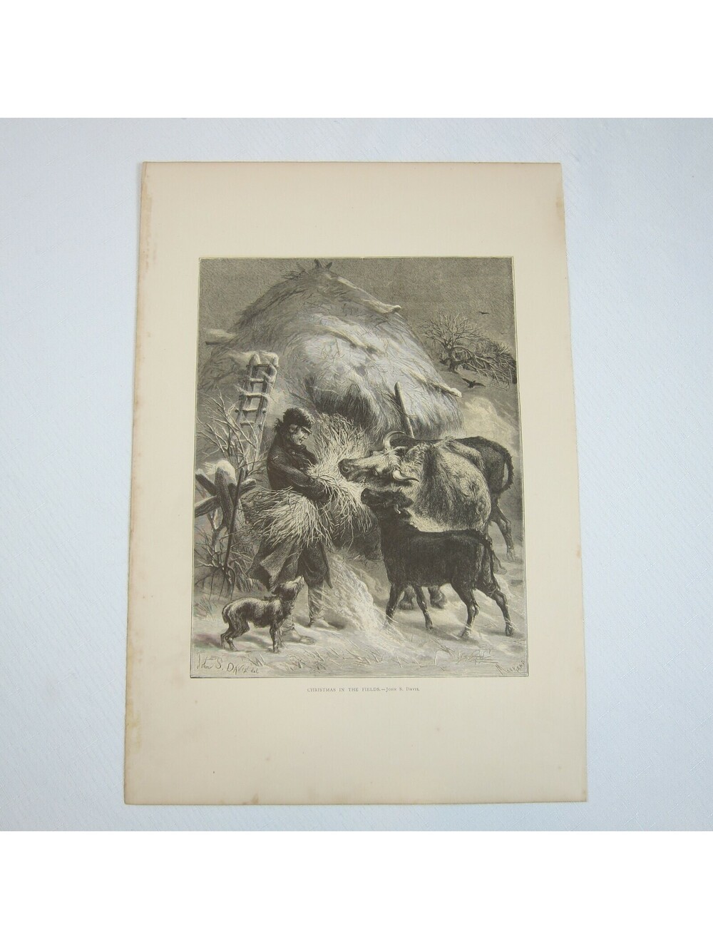Antique 1873 Wood Engraving Print Christmas in the Fields, John S. Davis, Aldine